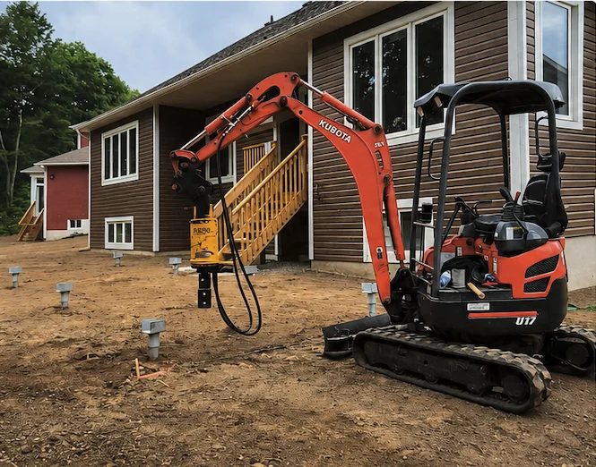 Foundation Masters Kubota mini excavator installing helical screw piles at a Sudbury home